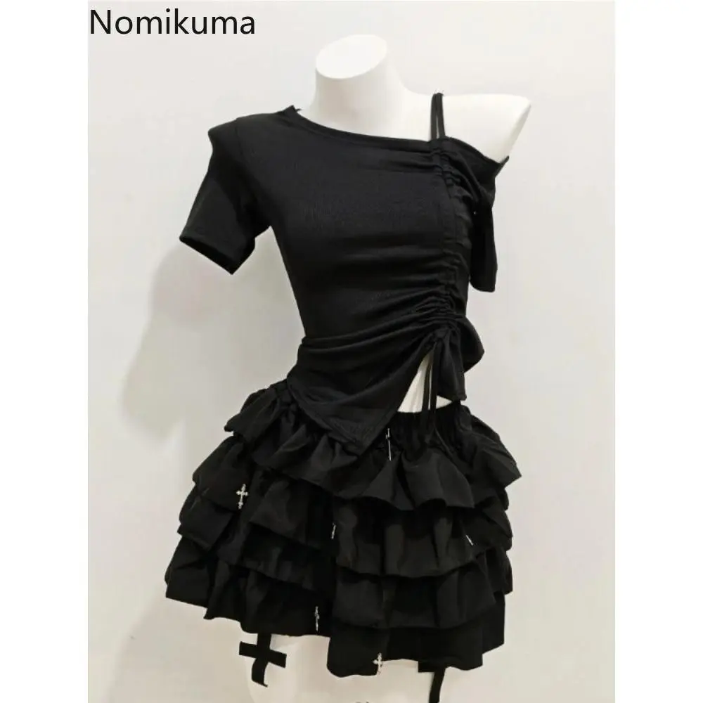 HarajukuTwo Piece Set Women Clothing Drawstring Off Shoulder Tshirts Ruffles Mini Skirt Suit Roupas Femme Goth Summer Outfits