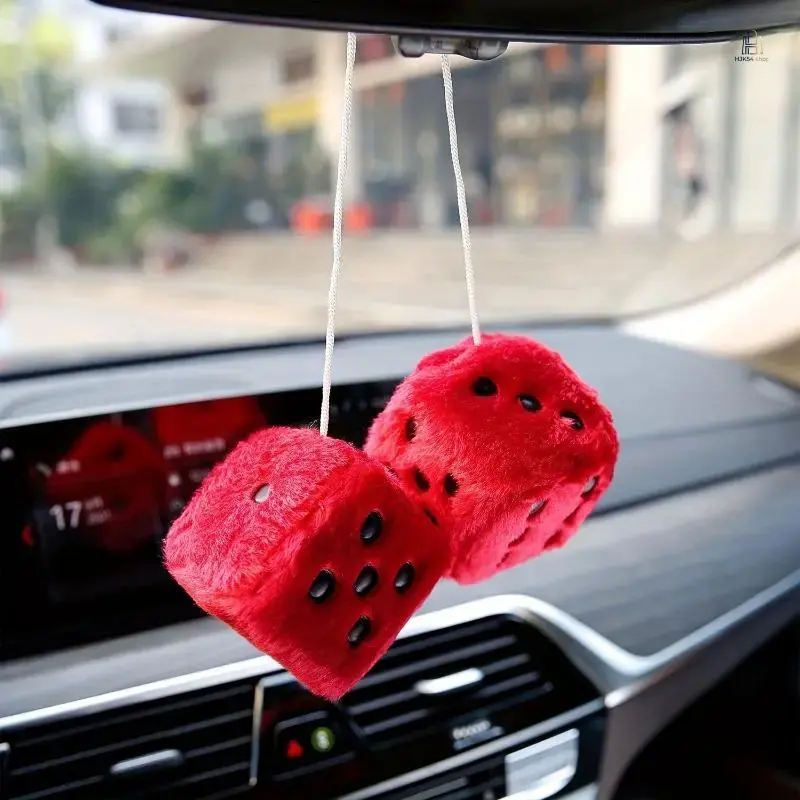 Cute Soft Plush Dice Shaped Car Rearview Mirror Hanging Ornament, Scratch Resistant Universal Auto Interior Decor Pendant, Compatible With Most Cars SUVs, Lovely Vehicle Accessory For Car Enthusiasts
