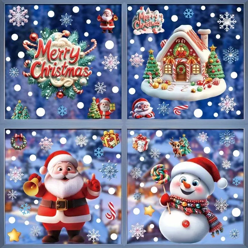 4/8Pcs Christmas Static Window Stickers, Santa Claus, Snow House & Snowman Glass Decals, Removable Xmas Static Clings, Festive Window Decorations for Mall Shop Display & Home Holiday Scene Layout