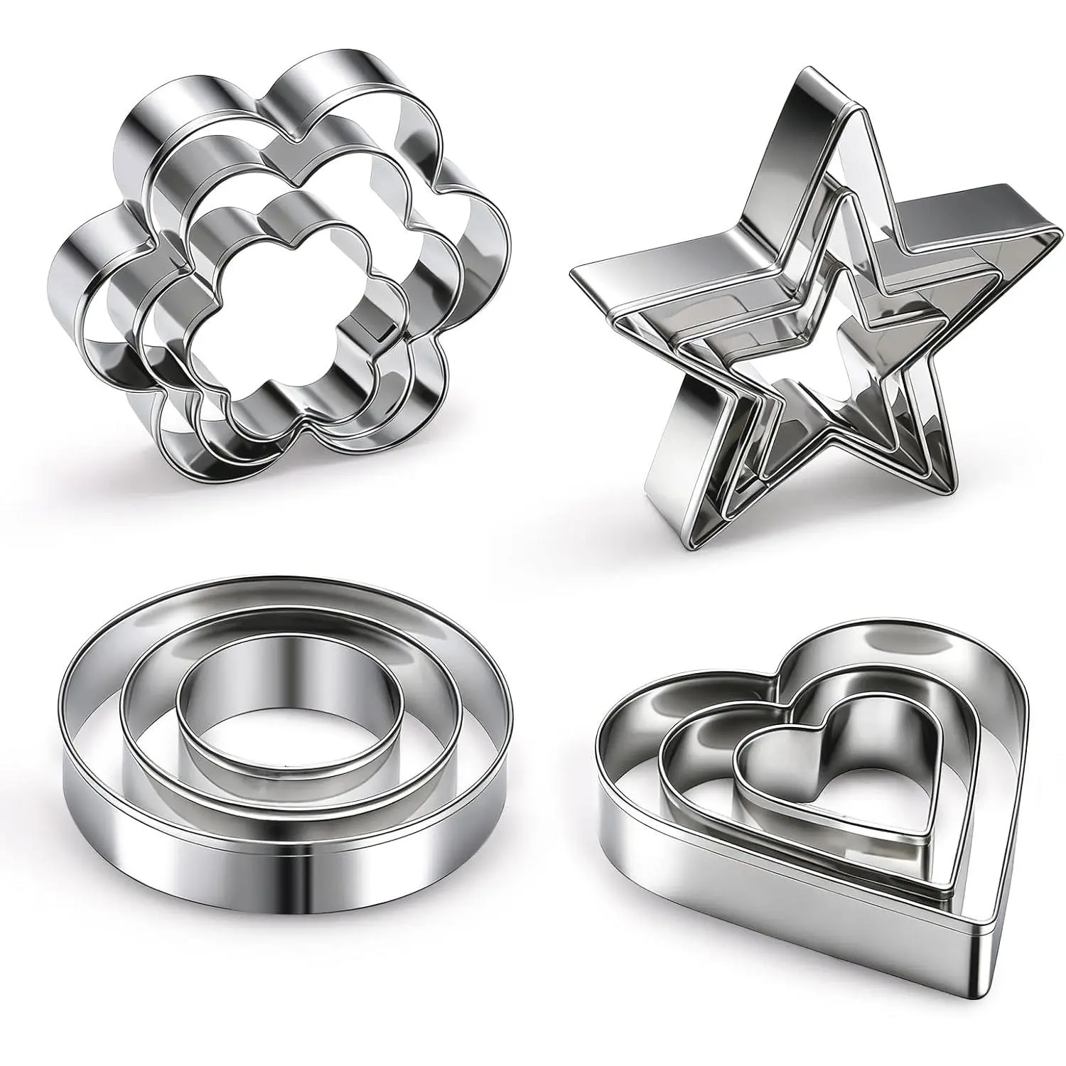 12 count Professional Stainless Steel Cookie Cutters Set - Heart, Flower, Round,  Shapes Metal Biscuit , Essential Baking Tools for Dough Preparation