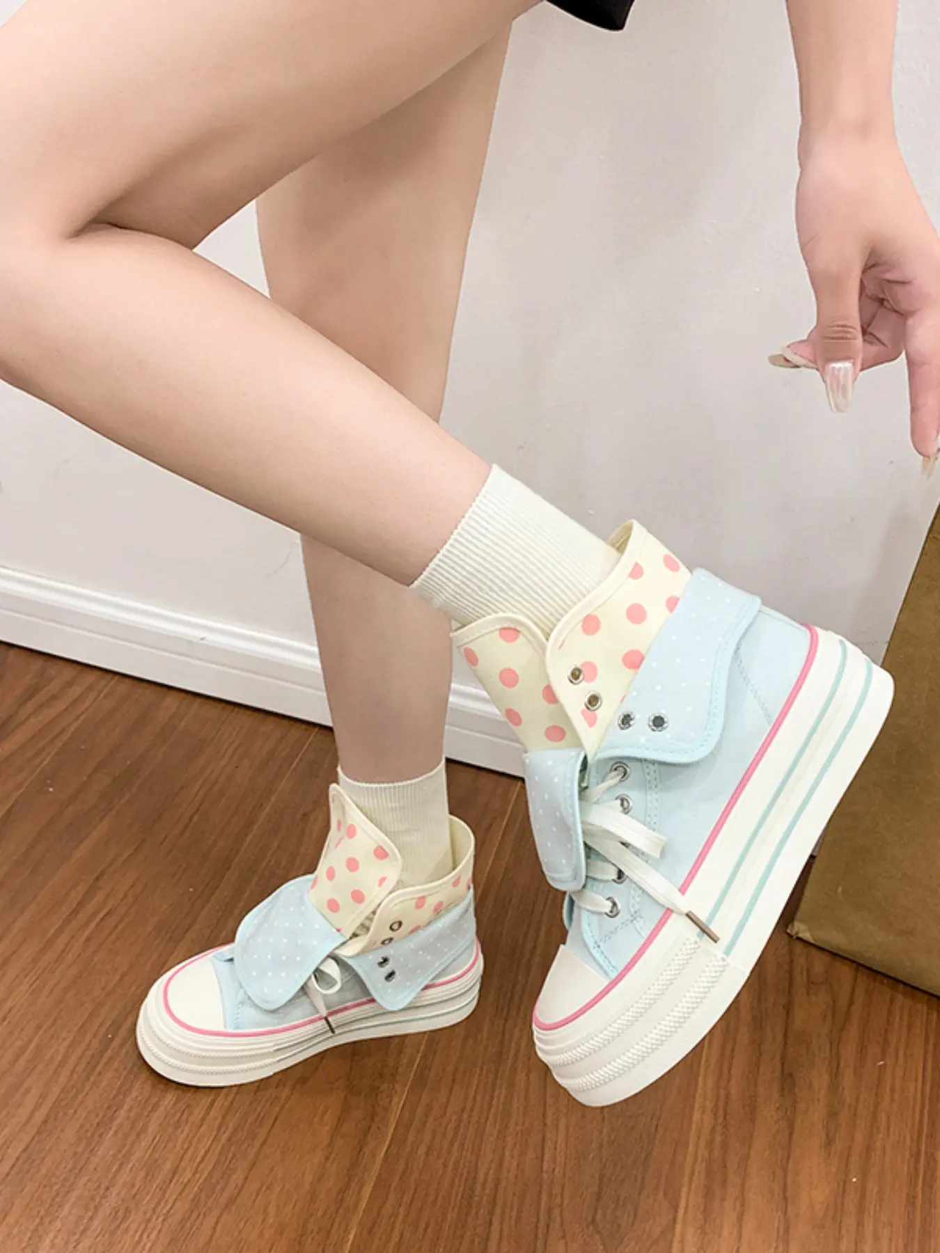 2 in 1 Convertible Trendy High Top Shoes | Pink Blue Polka Dot Platform Canvas Sneakers | Comfortable Casual Daily Wear 2026