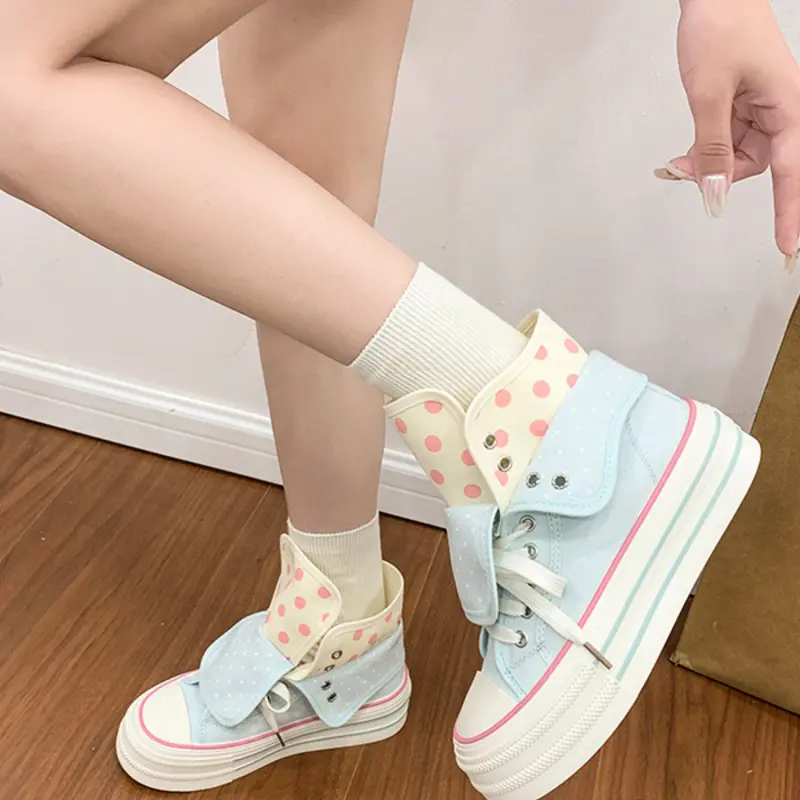 2 in 1 Convertible Trendy High Top Shoes | Pink Blue Polka Dot Platform Canvas Trendy Trainers Sneakers | Comfortable Casual Thick Soled Daily Wear 2026