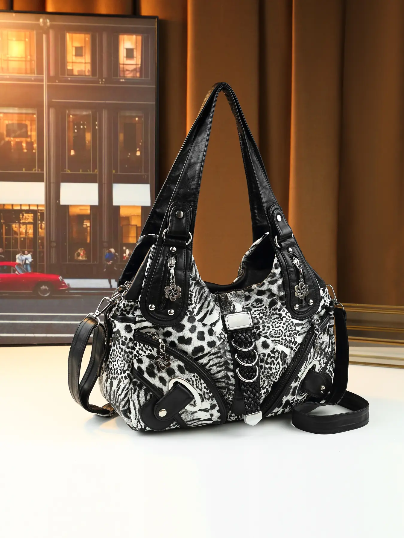 New retro leopard print splicing tote bag female punk rivet multi-ring decorative large-capacity handbag