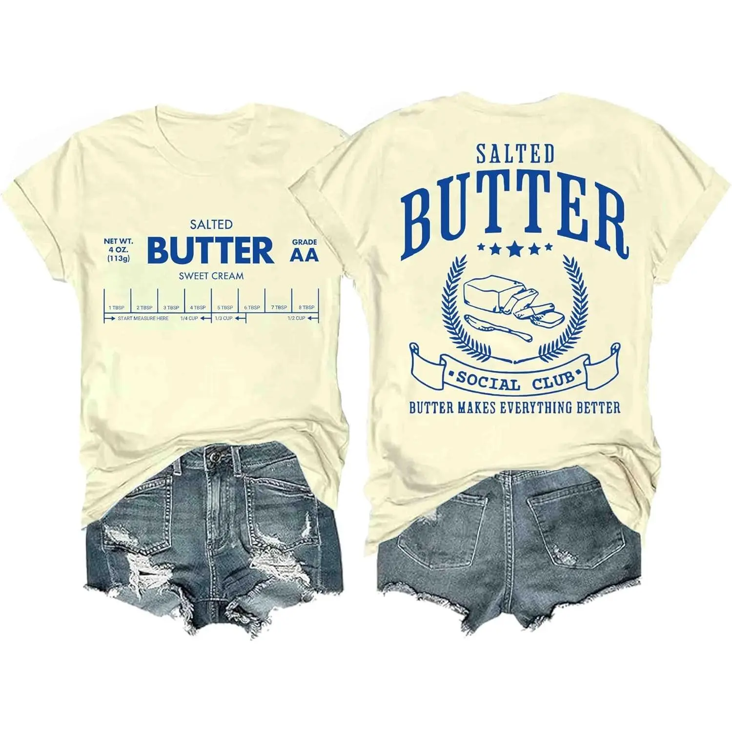 Women's Aesthetic Salted Butter Graphic T-Shirt - Funny Printed, Unisex-Fit, Short-Sleeve, Vintage Cute Casual Summer Top for Foodie Baking Enthusiasts (Pair with Bottoms)