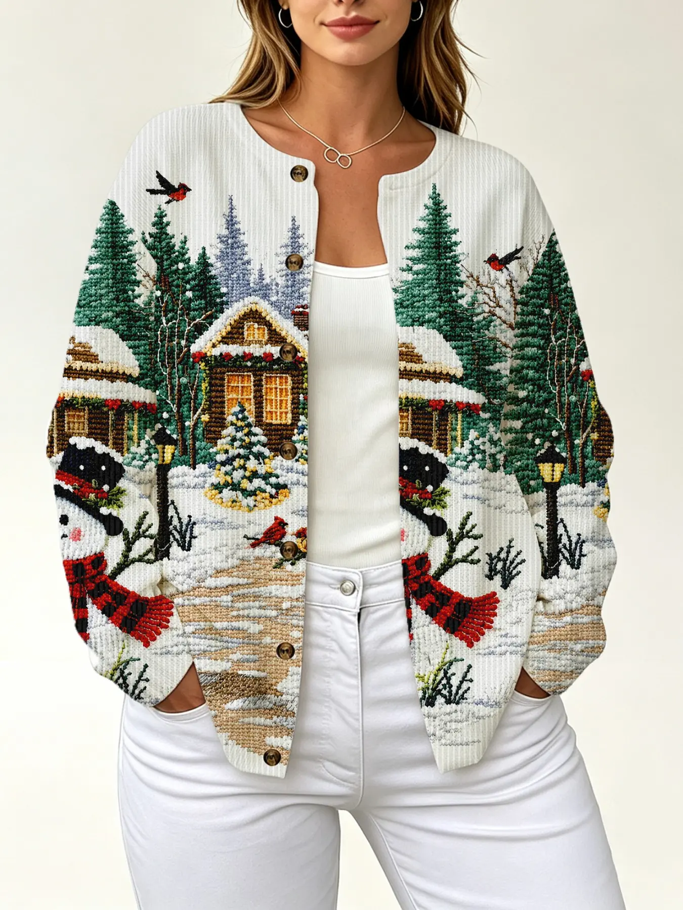 Women's Christmas Cross Stitch Snowman Forest Bird Print Knit Cardigan, Long Sleeve Loose-Fitting Casual Outerwear, Festive Holiday Top