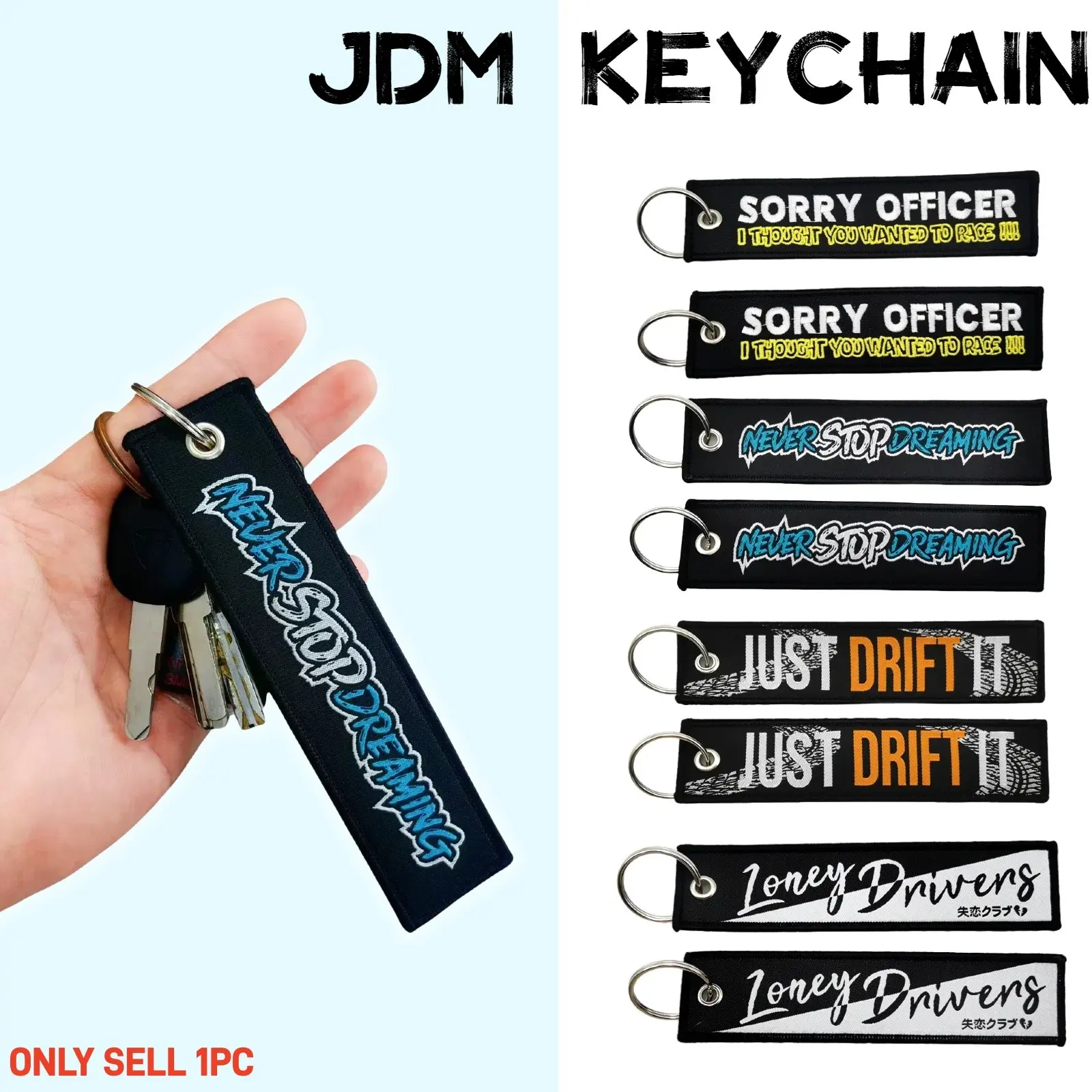 1 Piece NEVER STOP DREAMING New JDM Dream Chaser Slogan Style Embroidered Cloth Key Tag Car Keychain Ideal Car Keyring &Backpack Charm, Motorcycle & Auto Key Chain Accessory Drive Your Dreams with Every Ride JUST DRIFT IT Cool Keychains