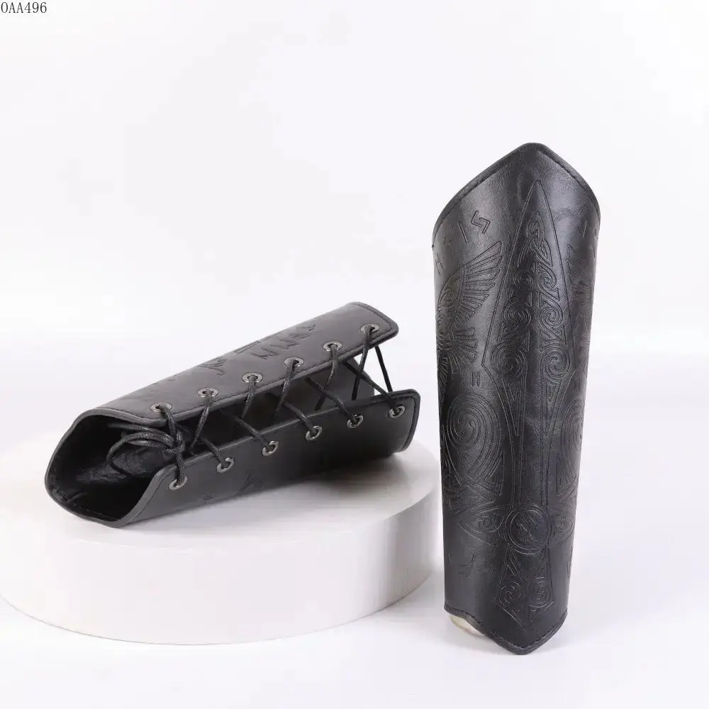 Viking Knight Vintage Embossed PU Leather Wristbands, adjustable decorative bracers with retro carved detailing. Cool gothic arm cuffs perfect for cosplay role play, stage shows and Halloween costume accessories, unisex statement arm wear for themed party