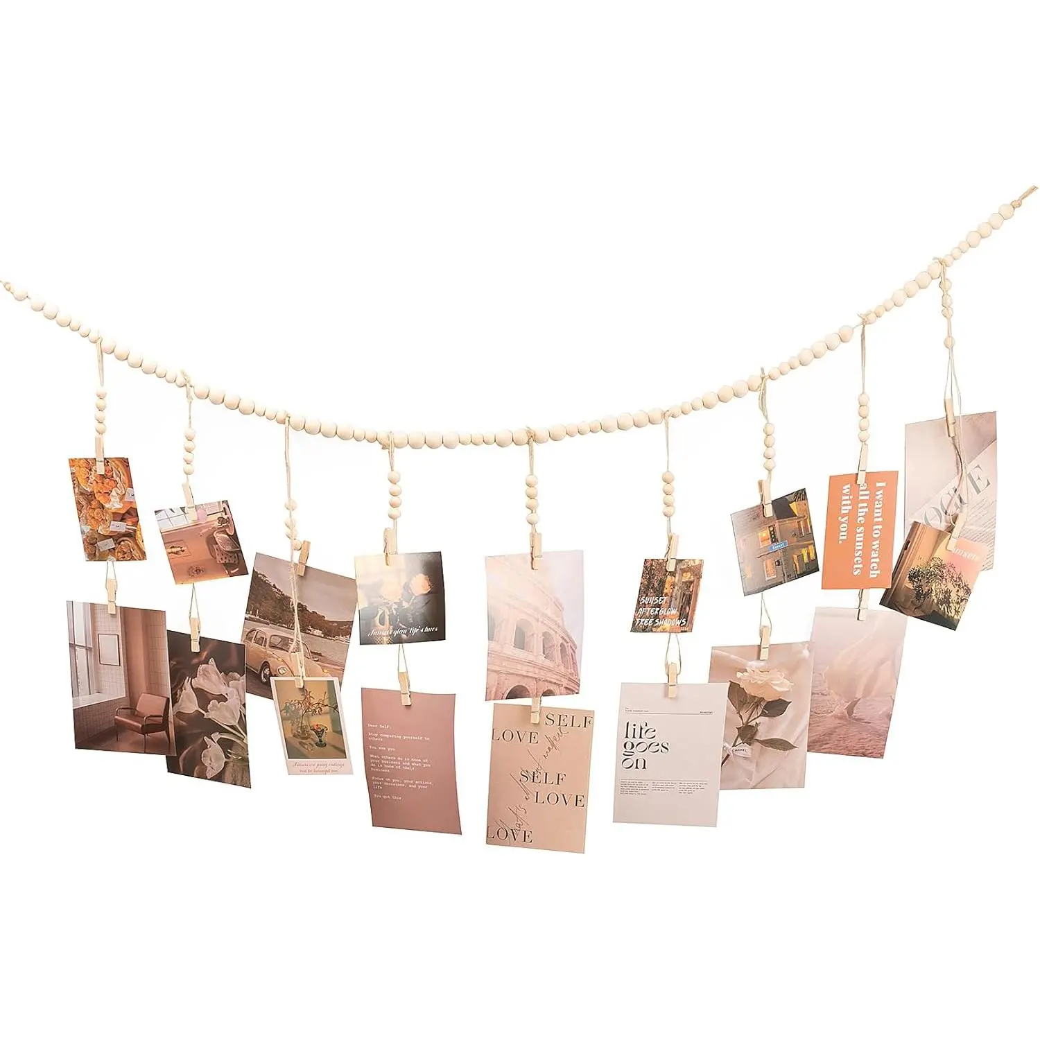 Boho Natural Wood Hangable Photo Display with 18 Wood Clips, Beaded String - Decoration for Bedroom/Living Room Wall Decor, Home Supplies