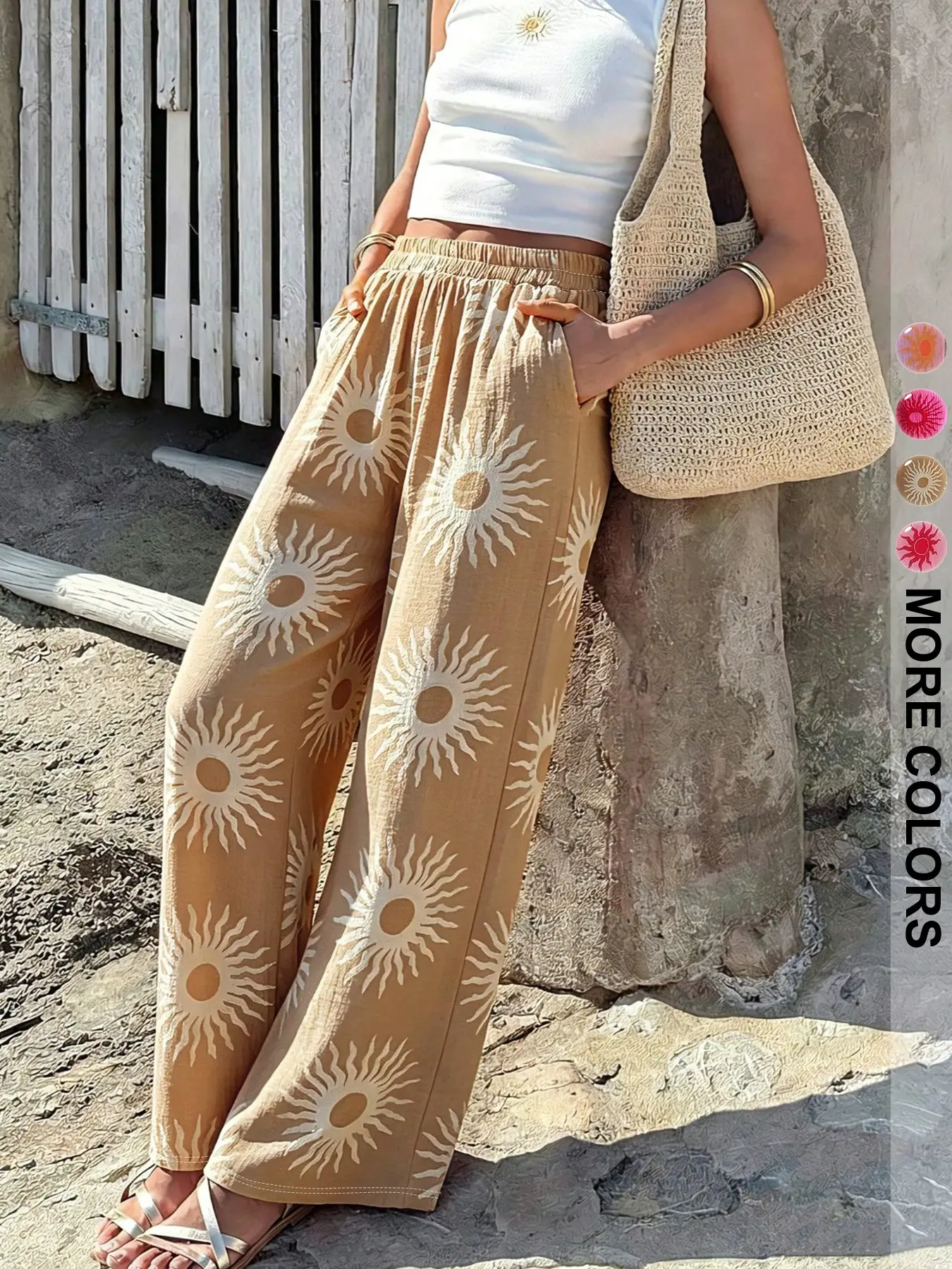 Women's Bohemian Style Sunflower Pattern Pants, Casual Loose-Fit Straight-Leg Trousers, Fashionable Streetwear for All Seasons