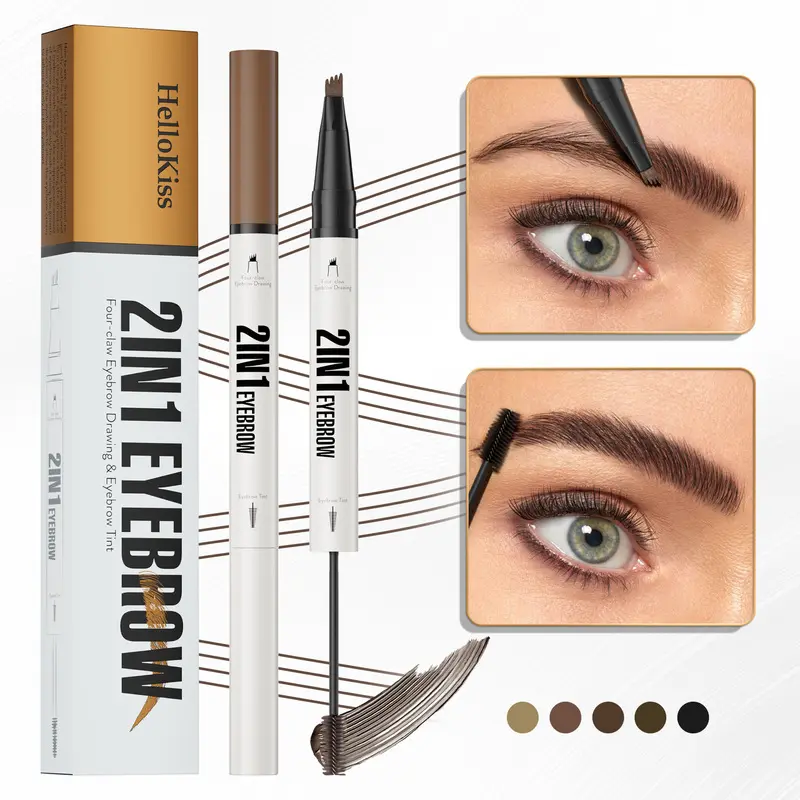 Hellokiss Dual-Ended 4-Prong Liquid Brow Pen & Tinted Gel Brow Stain, 2-in-1 Waterproof & Quick-Dry Eyebrow Pencil, Smudge-Proof Micro-Fork Tip for Fluffy 3D Hair-Like Strokes, Long-Lasting Brow Makeup