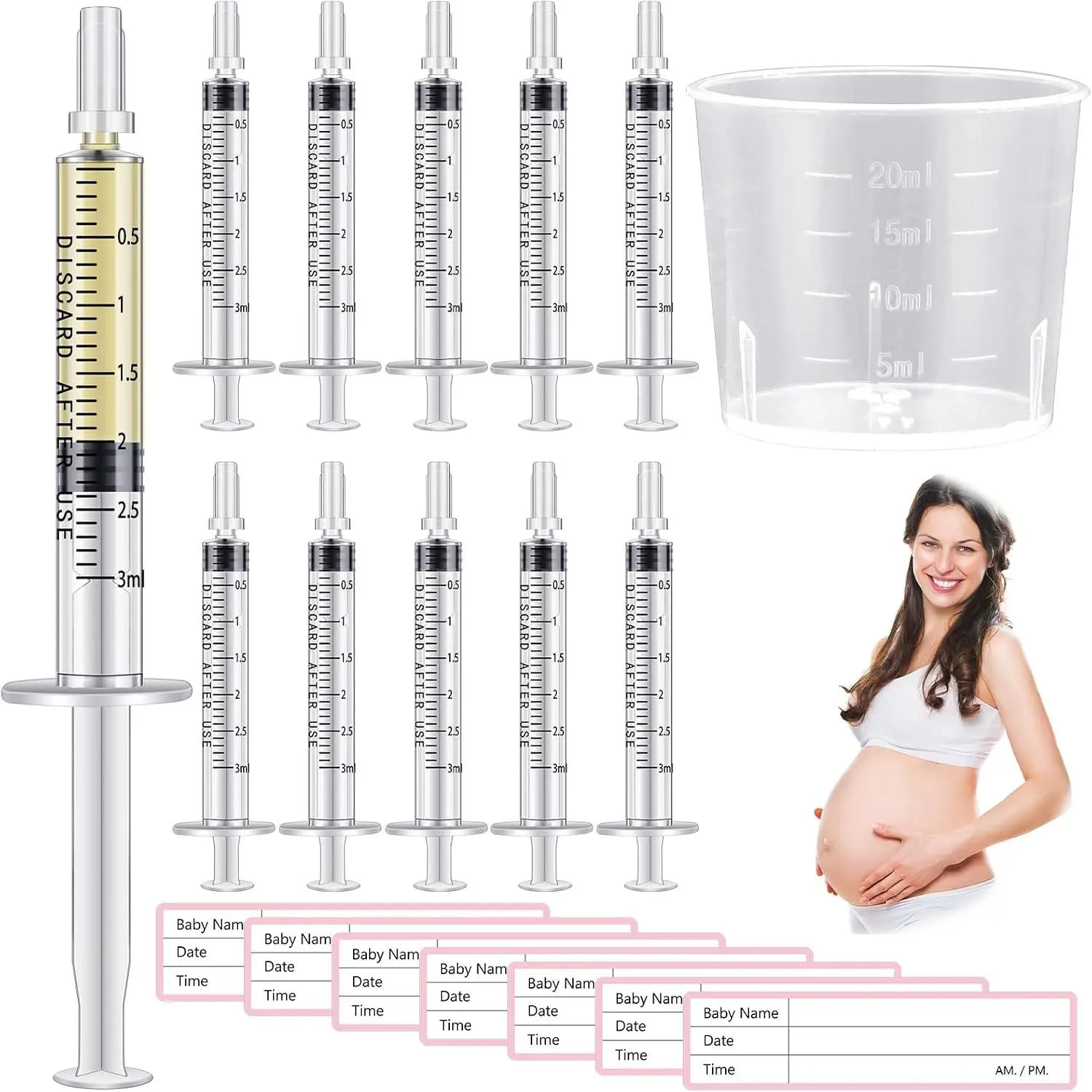 Colostrum Collector Kit - 50 Sets, 3ml Sterile Sealed Breast Milk Syringes with Caps, No Needle, Colostrum Syringes Stickers, 1 Measuring Cup for Harvesting Collection(Gift)