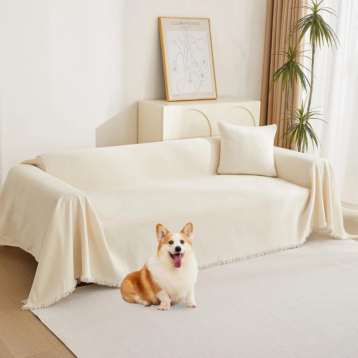 Beige Chenille Couch Cover for Pets Dogs Kids, Sofa Slipcover for 2 Cushion Couch & L Shape Sectional Sofa, Throw Sofa Cover, Size 71" X 118"
