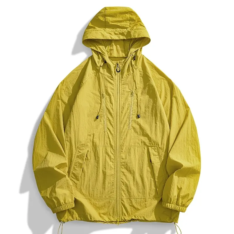 Unisex Lightweight Hooded Sun Protection Jacket Summer, Breathable Crinkled Outerwear With Adjustable Drawstrings, Loose Multi-Pocket Coat For Outdoor & Daily Looks