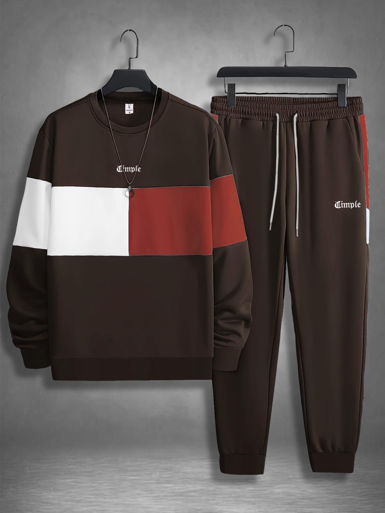 Men's Colorblock Print Sweatshirt & Pants Loungewear Two-piece Set, Casual Comfy Long Sleeve Pullover & Jogger Pants, Men's Sleepwear for Spring & Fall, Nightwear Loungewear Set
