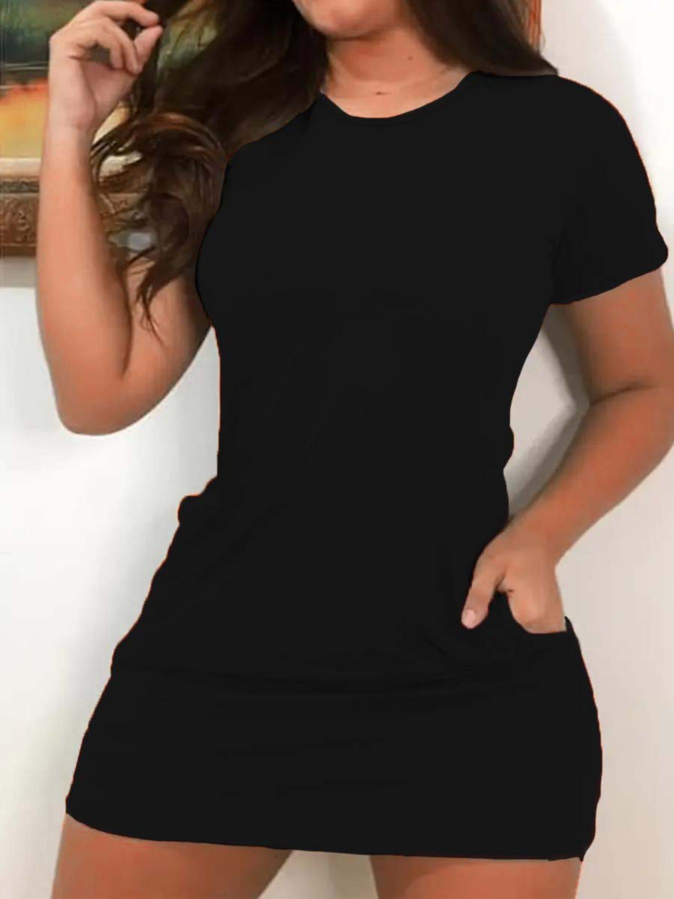 Women's Plain Minimalist Pocket Dress, Casual Short Sleeve Round Neck Dress for Daily Wear, Ladies Clothes for All Seasons