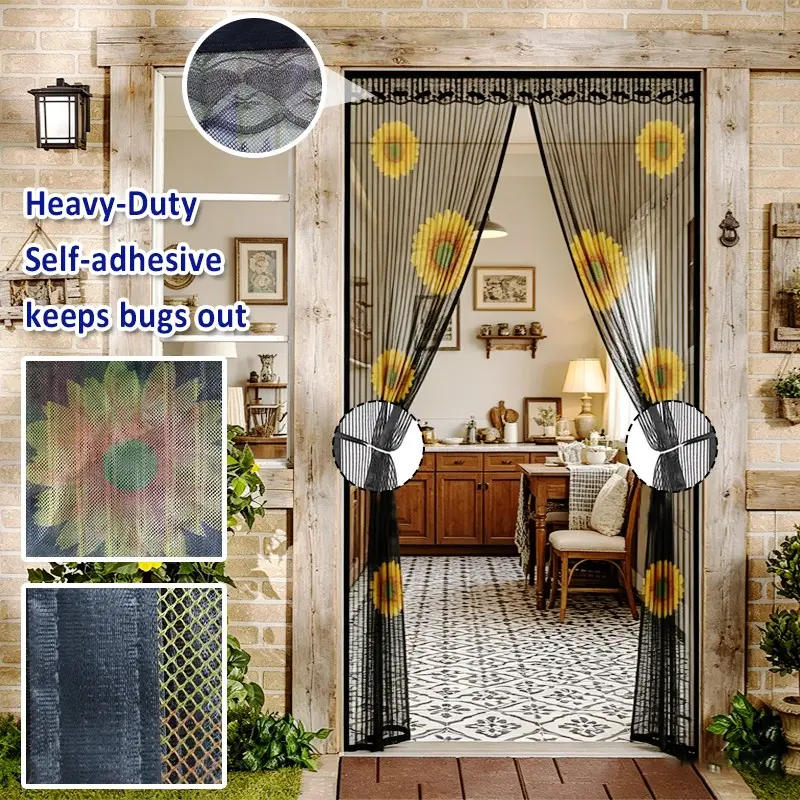 Elegant Country Style Magnetic Door Curtain, Summer Mosquito-Proof Breathable Door Curtain, Sunflower Print Self-Closing Soft Mesh, Easy to Use, for Bedroom, Living Room, Balcony