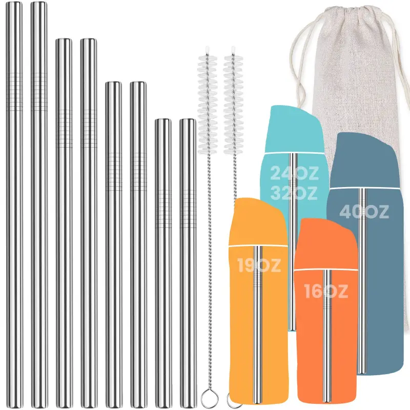 8PCS Stainless Steel Straws for Owala Water Bottle, 4 Lengths Compatible with FreeSip 19oz 24oz 32oz 40oz, Tritan 25oz, Kids’ FreeSip 16oz, with Cleaning Brush & Travel Storage Bag