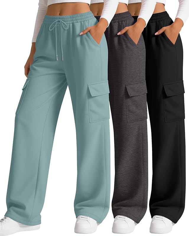 3 Pack Women's Cargo Sweatpants Wide Leg Baggy Loose Elastic Drawstring Pants Casual Athletic Joggers with 4 Pockets