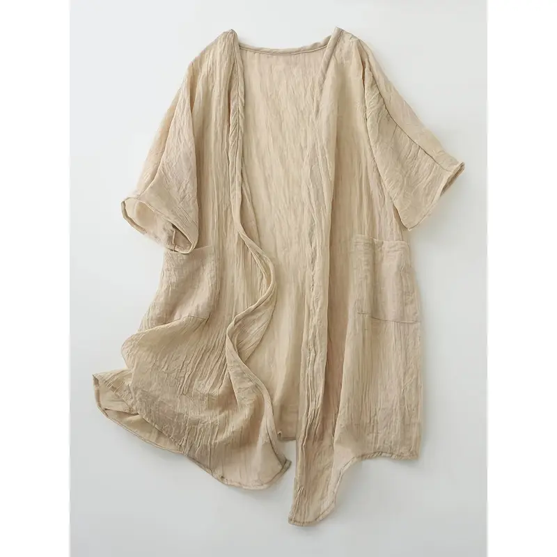 Women's Linen Cardigan, Short Sleeve Loose Fit Open Front Top, Lightweight Breathable Sun Protection for Summer Beach Vacations, Loose Fit Shirts, Casual, Relaxed Cut, Plain, Solid, Woven, Loose-Fitting