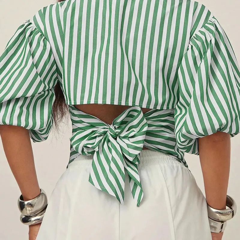 Women's Button Front Shirt with Puffy Sleeves, Back Bow Tie Design, Loose Fit, Business Casual Style, Perfect for Office Wear Valentine"Runs Small, Size Up Recommended" Blouses Shirts