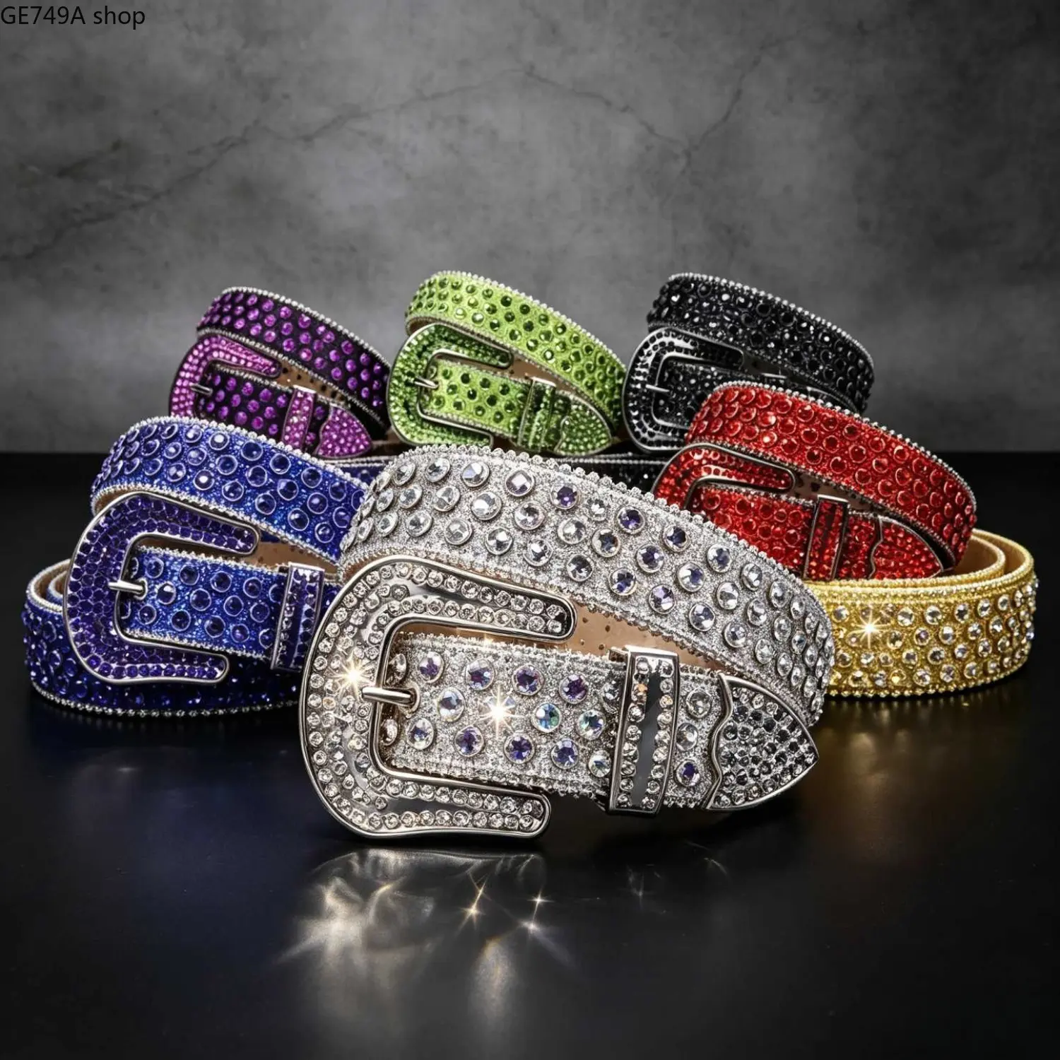 Unisex Western Punk Rhinestone Statement Belt with Multicolor Sparkles, Cowboy Buckle & Rubber Base, Gothic Retro Rock Fashion Accessory for Special Events, Belts for Women