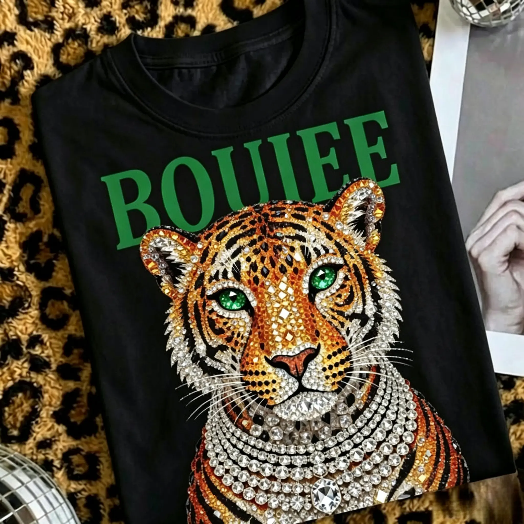 Vintage tiger print shirt, gorgeous fashion patterned top T-shirt, trendy animal print T-shirt, luxurious diamond sequin tiger print T-shirt, women's white luxury aesthetic short sleeve, rhinestone effect luxurious tiger print casual T-shirt