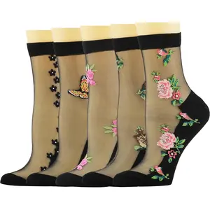 5Pairs Womens Sheer Socks Summer Transparent Thin Nylon Mesh See Through Floral Sexy Ankle Socks Size 5-8Gift.