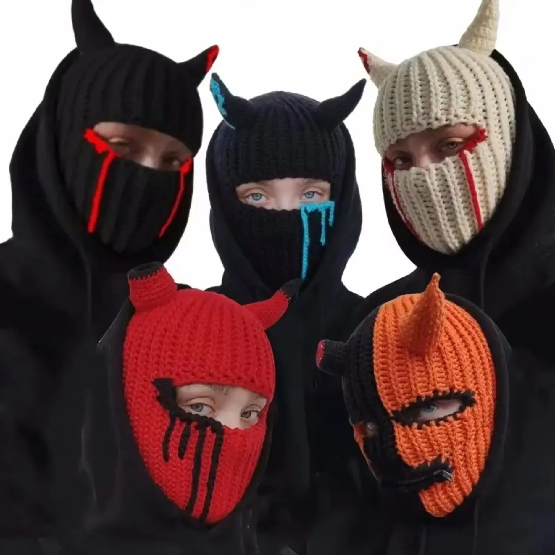 Bull Horn Head Hat Halloween Funny Face Mask Autumn Winter Warm Knitted Wool Devil Horn Hat for Costume