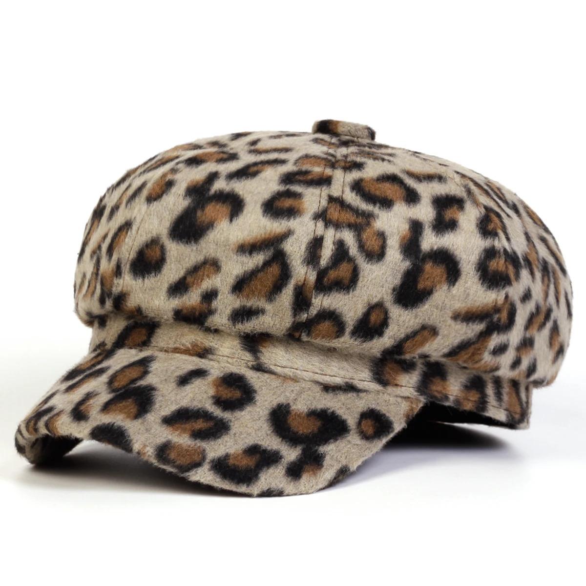 Unisex Plush Leopard Print Personality Newsboy Hat Spring Autumn Retro Beret Hats Wild Casual Hats Octagonal Cap