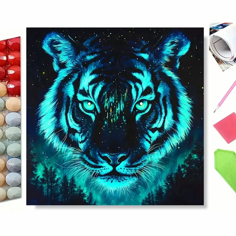 5D DIY Diamond Painting Kit - Neon Cyan Tiger Head Art, Glowing Cosmic Starry Forest Majestic Wild Animal Portrait Design, Perfect for Wildlife Lover Gifts, Cool Dark Style Man Cave Wall Decor & Relaxing Hobby Crafts!