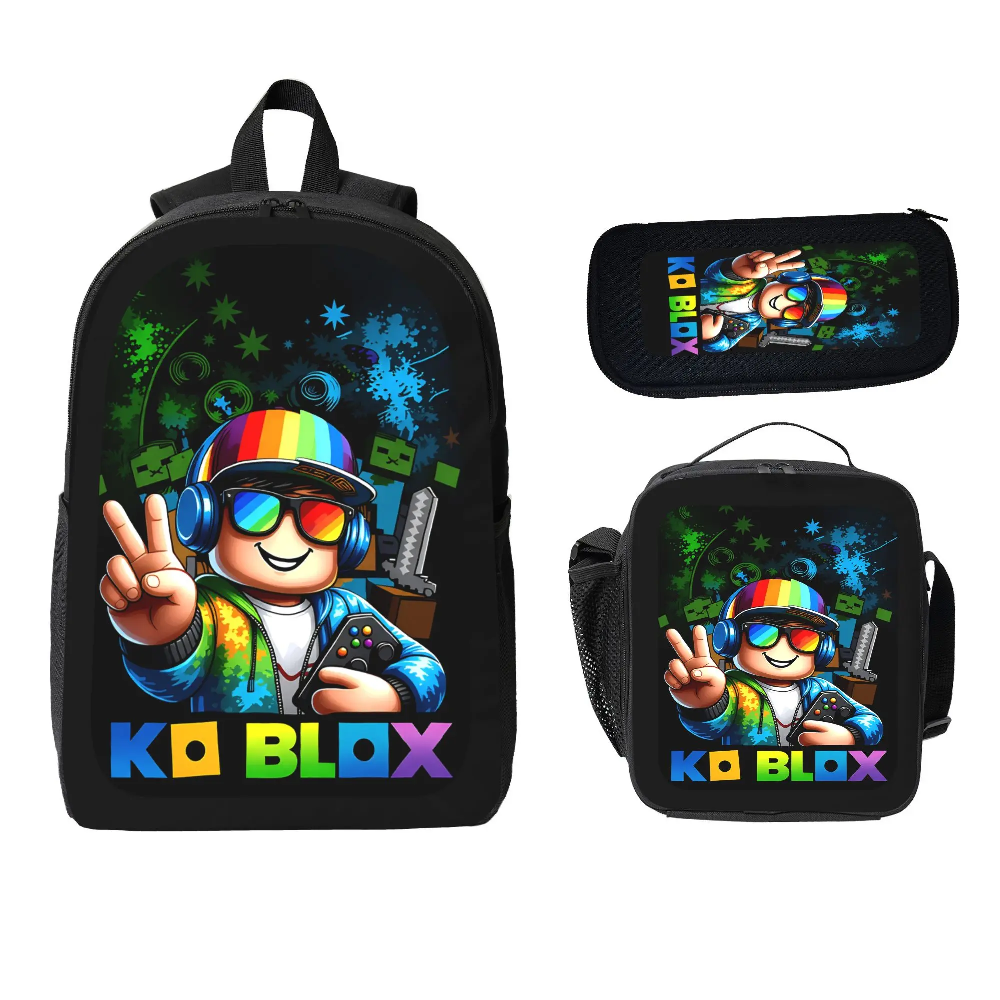 Roblox Print Backpack Set 3 Pieces with Backpack Lunch Box and Pencil Case for Kids School Boys and Girls Lightweight TK Backpack for Teenagers Trendy Tiktok School Bag Stylish Backpack for Teenagers Durable Bookbag for Students