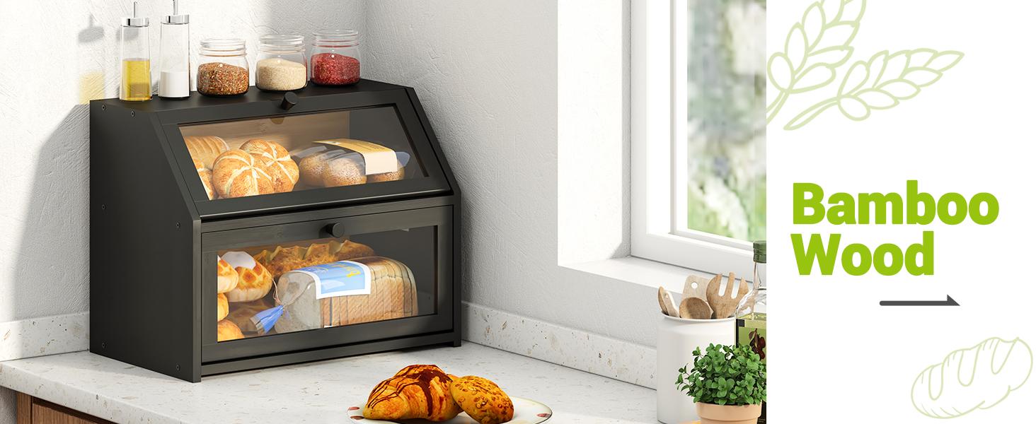 Farmhouse Bread Box for Kitchen Countertop Bread box Double Layer Bamboo Wooden Extra Large Capacity Bin Kitchen Food Storage Container(Black)