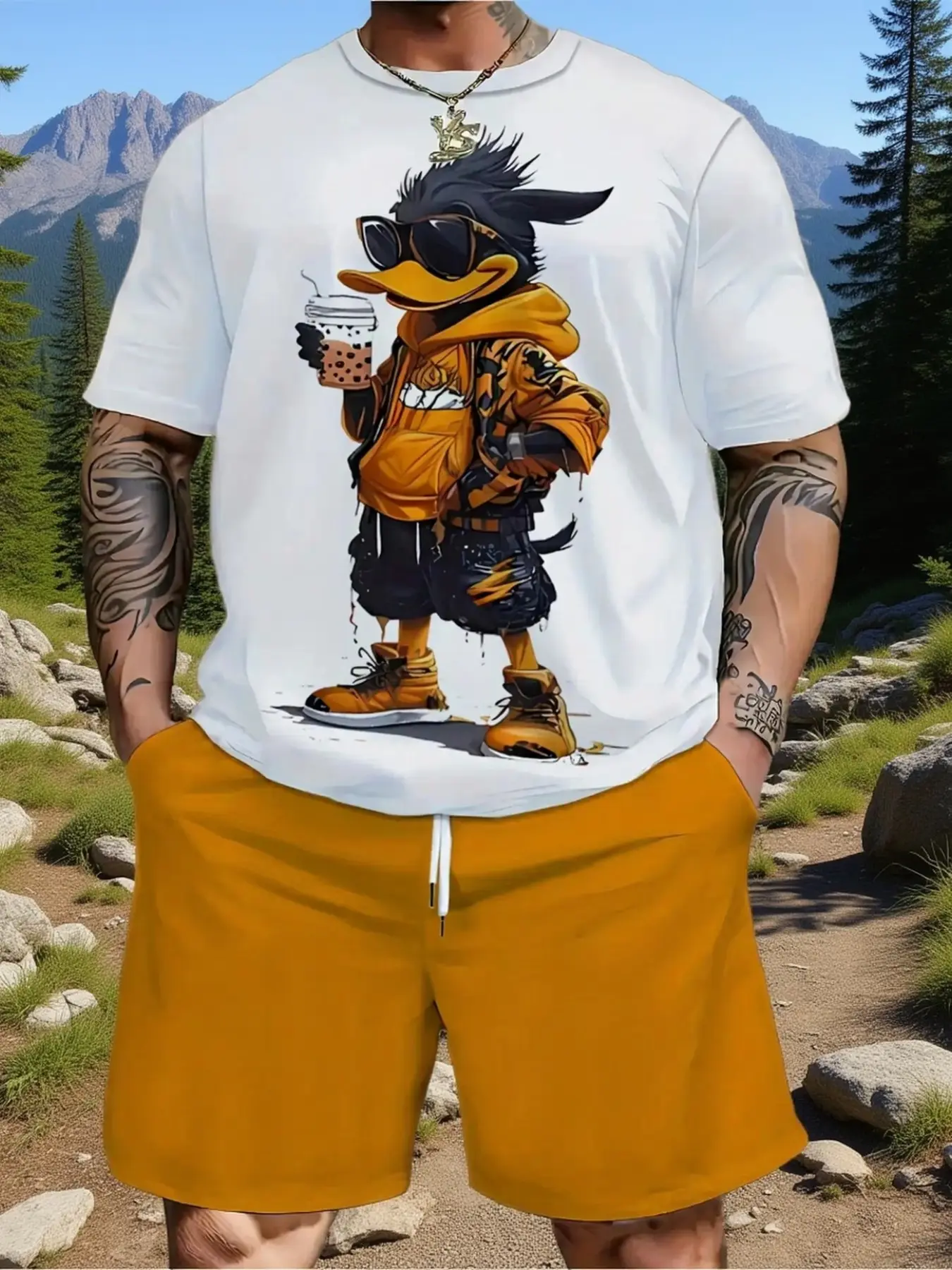 Plus Size Men's 3D Print Casual Two-Piece Set, Short Sleeve Top & Drawstring Shorts, Cartoon Pattern, Loose-Fit, All Seasons