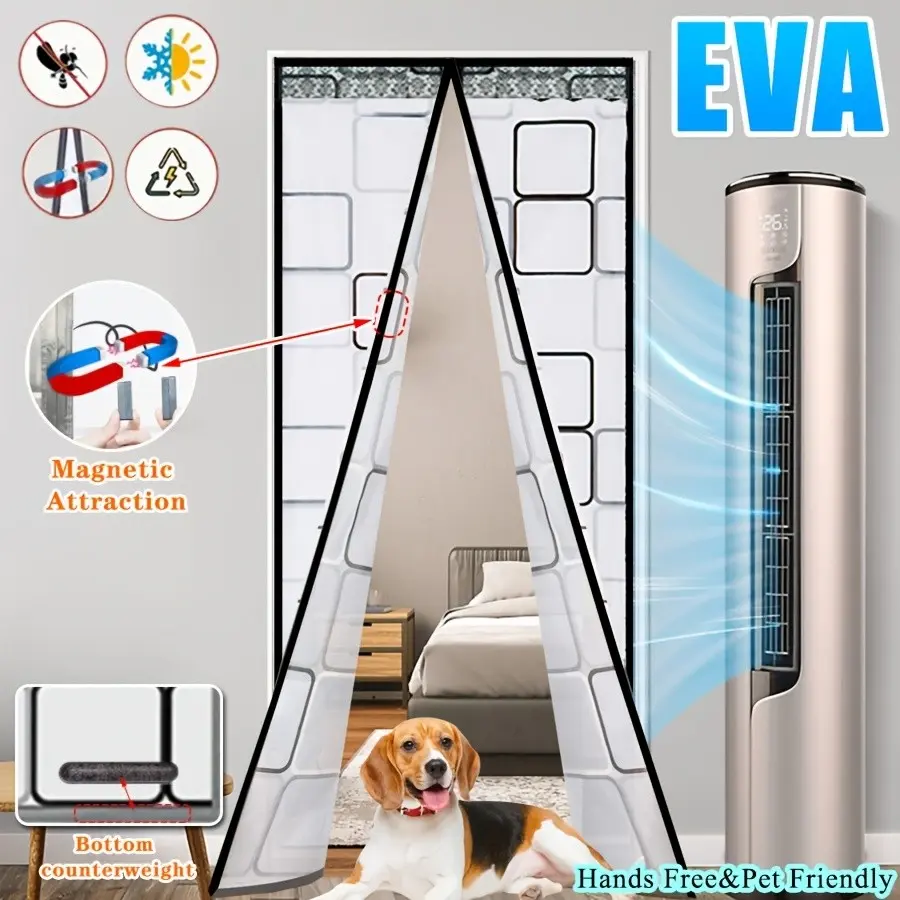 Eva Magnetic Door Curtain, Auto-Close Design, No Drilling Installation, Grid Semi-Transparent Texture, Ideal for Bedroom, Living Room, Entryway