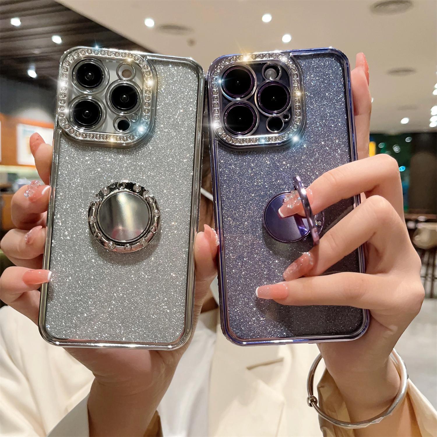 Bling Glitter Ring Case For iPhone 16 15 14 13 12 11 Pro Max Ring Holder Kickstand Case Plating Bumper Cover with Camera Lens Protector
