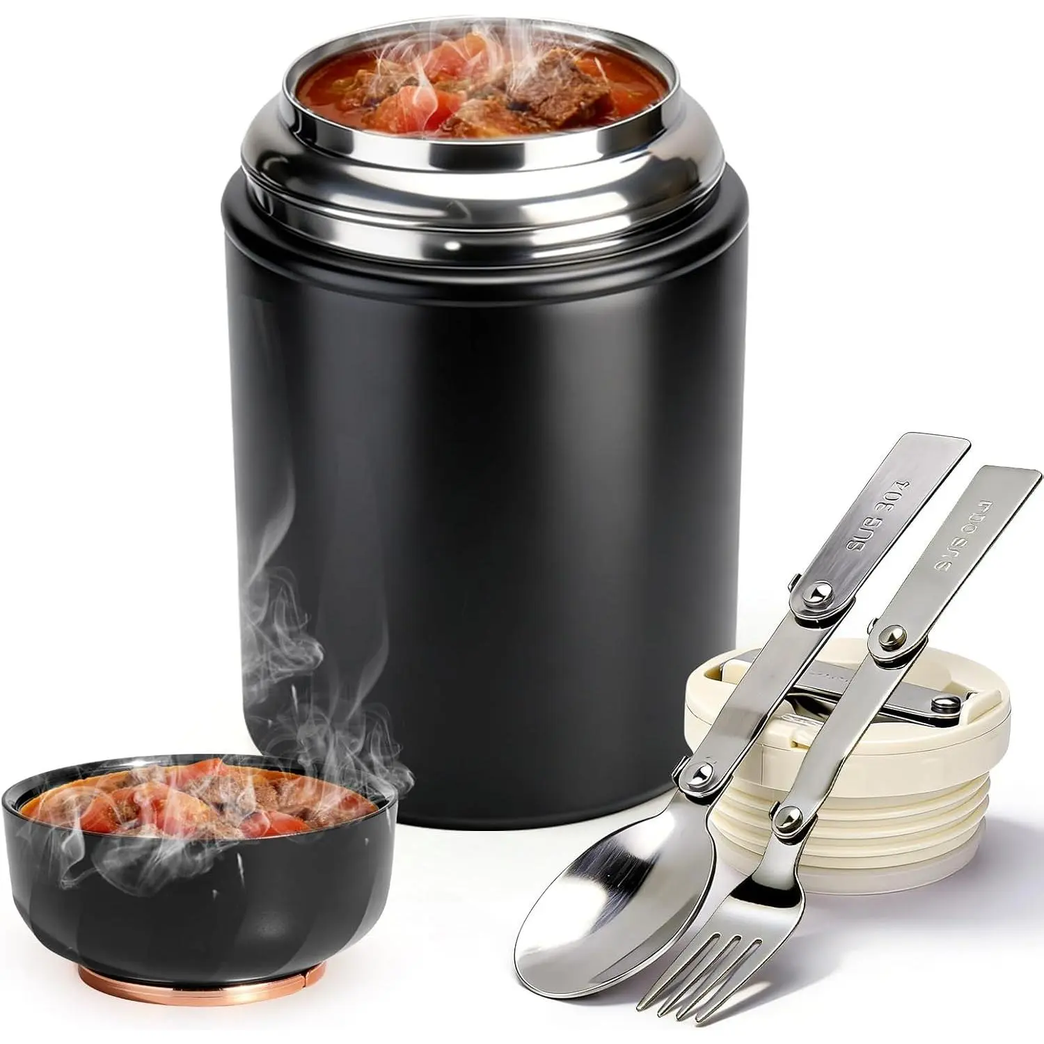 Thermo for Hot , 18oz Soup Thermo Lunch Box for Adults, Insulated Vacuum  Jar Container with Spoon&Fork, Leak Proof Stainless Steel Wide Mouth Thermo for Hot & Cold Foods, Drinks (Black)