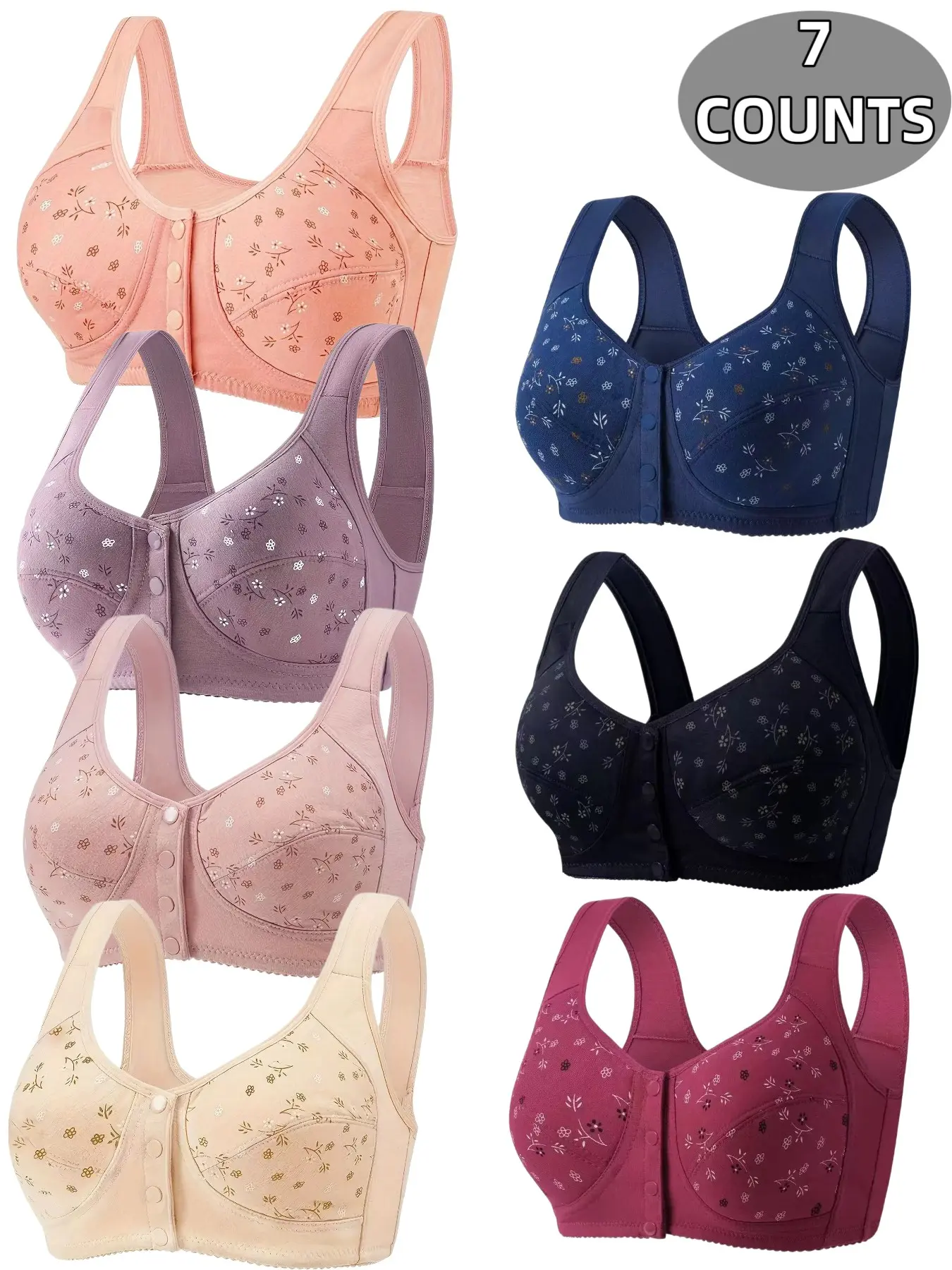 7-Pack Lightweight Floral Wireless Bras, Comfortable & Breathable, Full Coverage Push-Up, Front Buckle Design, All-Season Wear