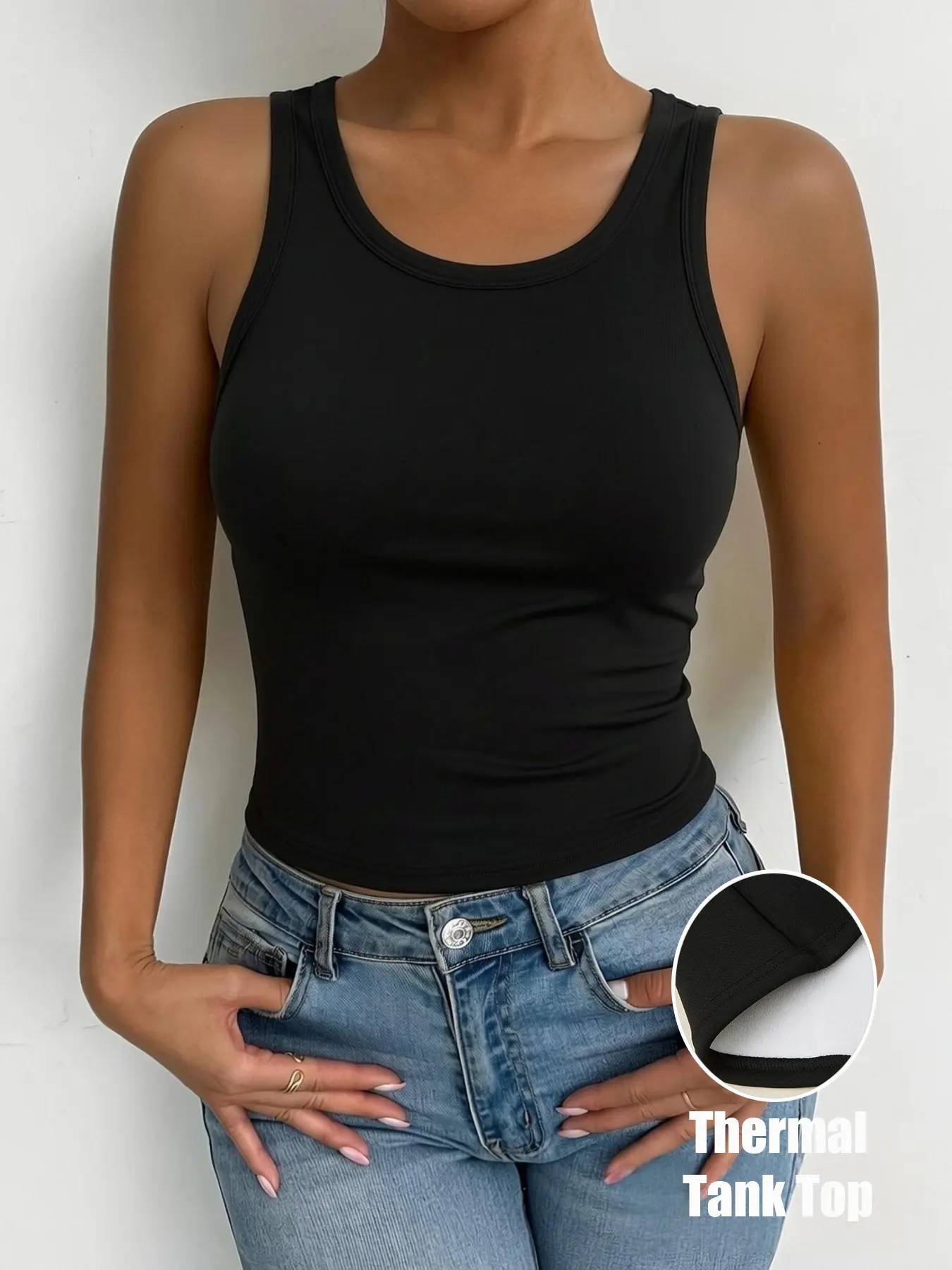 Women's Thick Fleece Lined Thermal Sleeveless Vest, Solid Crew Neck Warm Base Layer Tank Top, Comfortable Fall Winter Underwear Top for Outdoor Sports Daily Layering