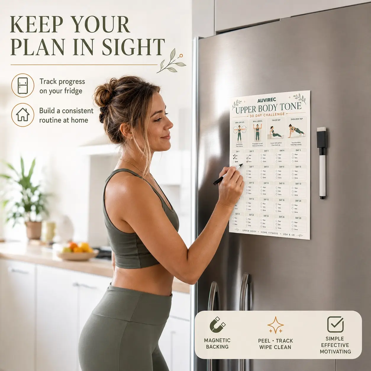 Auvirec 6-Piece Dry Erase Fitness Planner Set, 30-Day Workout Tracker, Includes Marker Pen, Ideal for Home Office Gym