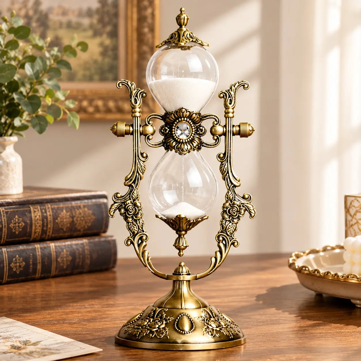 Brass Decorative Item, Sand Timer with Vintage Carved Frame, 360° Rotating Metal Hourglass Clock, Unique Desk Ornament Gift
