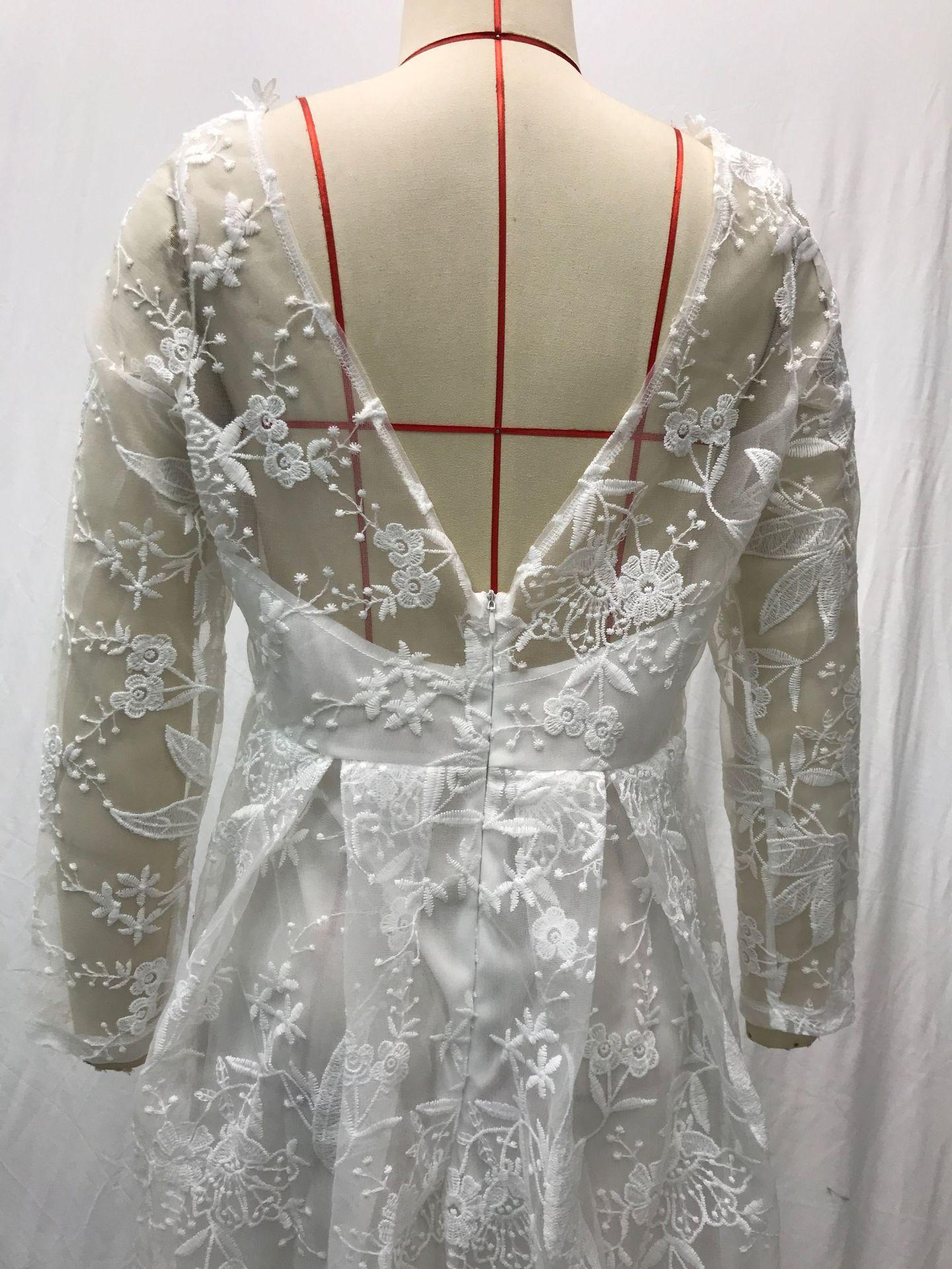 2026 New Style Women's Long-Sleeve Solid Color Sheer Lace Wedding Dress Bridal Gown