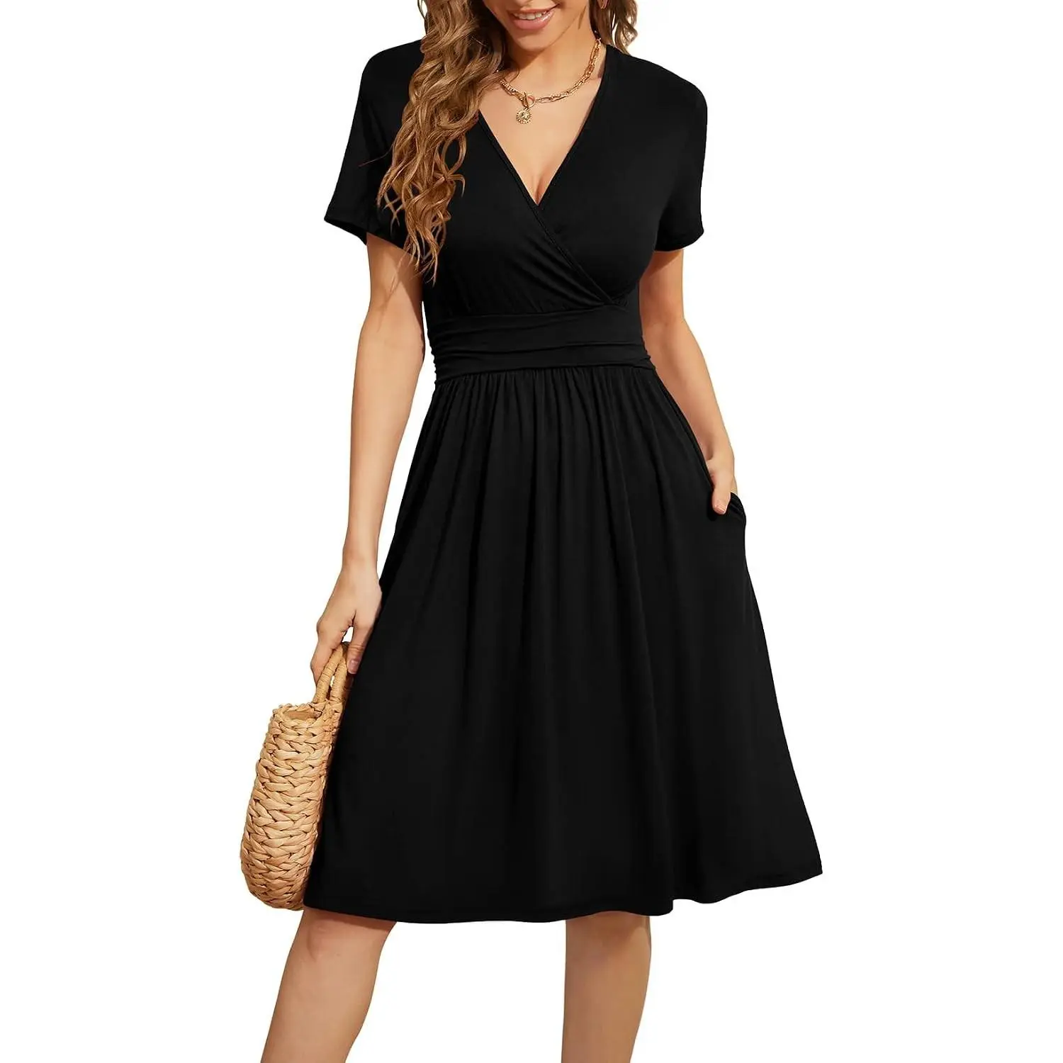 Women's Stretchy Rayon V-Neck Short Sleeve Floral Sundress, Casual Wear Wrap Party Dress with Pockets, Lightweight, Feminine