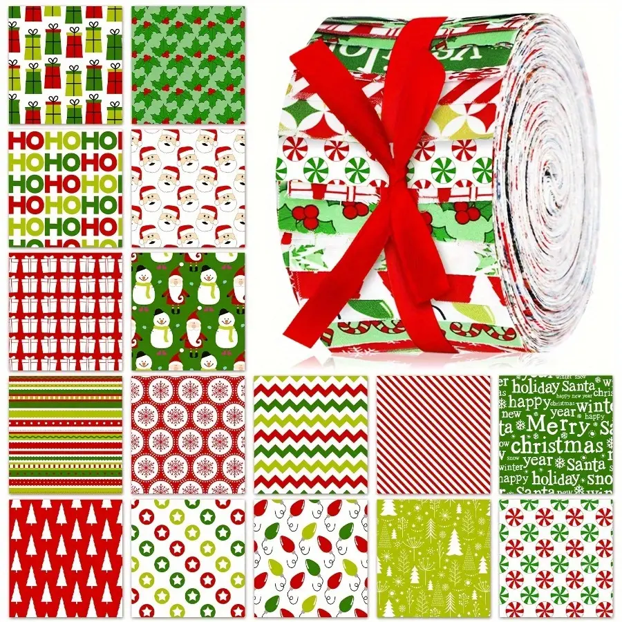 40pcs Pre-Cut Green Polyester Fabric Strips - Christmas Classic Glam Santa Claus, Snowman, Snowflake Patterns, Hand Sewing, DIY Quilting, Crochet Supplies, Customised Festive Home Decorations, Festive Home Decoration, Home Supplies
