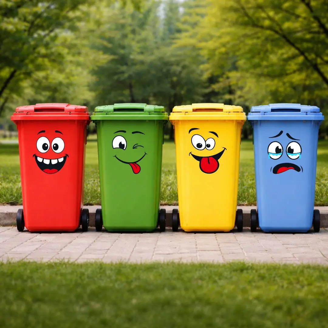 4PCS/Set Funny Face Trash Can Stickers Emotion Bin Decals, Suitable for Plastic Surfaces, Removable Waterproof Garbage Can Stickers for Kitchen, Bathroom & Office,Trash Cans, Walls, Toilet Decor, Refrigerators, And Glossy Surfaces
