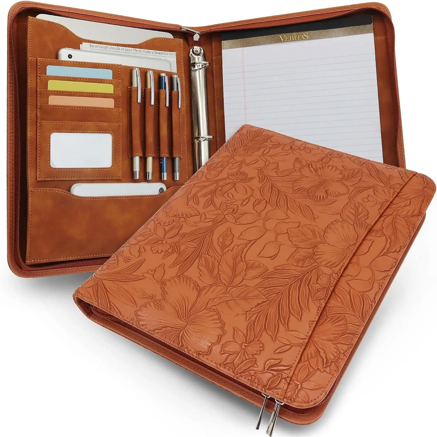 Embossed Faux Leather Zippered Padfolio with 3 Ring Binder, Executive Refillable Portfolio Organizer for Women, Fits 13.9" Laptop/Tablet, with Refillable Writing Pad Pocket, Brown