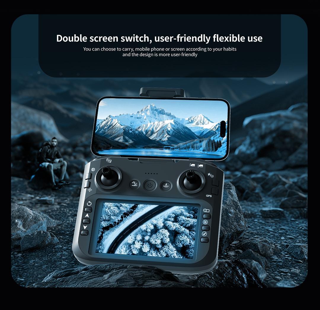 2026 GPS brushless HD camera drone with a 4.5-inch screen remote controller, four-way obstacle avoidance, ESC adjustable camera, GPS return-to-home, 360° rolls, and three batteries for up to 45 minutes of flight—ideal for aerial photography and gifting