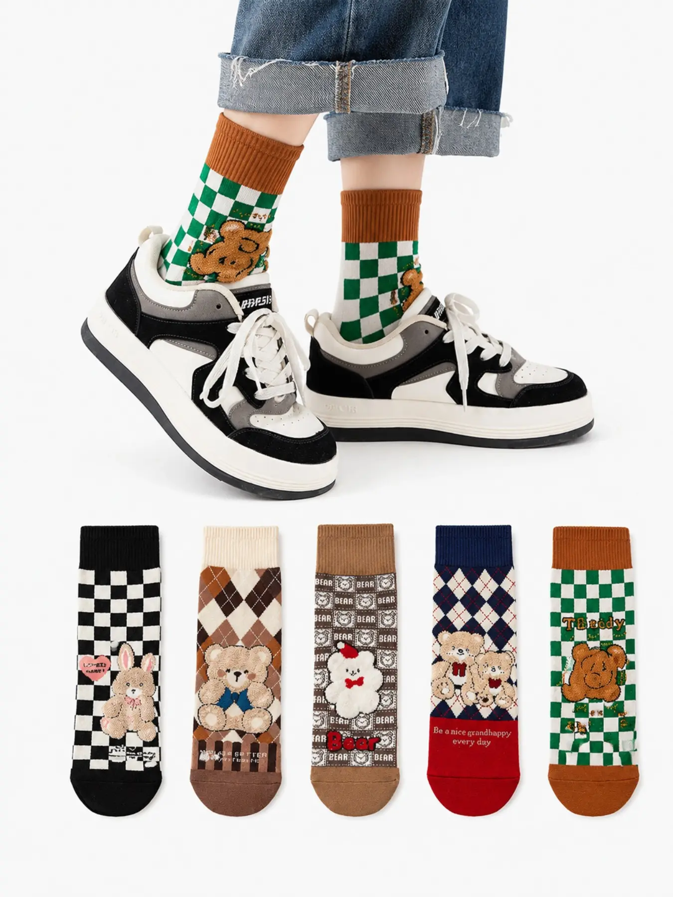 5 Pairs Cute Teddy Checkerboard Socks Women Y2K Aesthetic Funny Animal Cartoon Crew Socks Streetwear Fashion Gift
