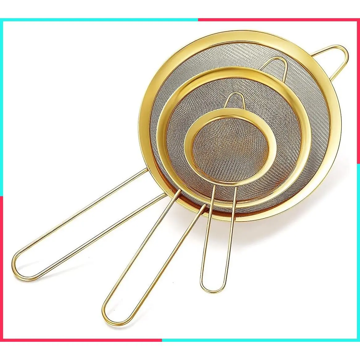 3-Piece Gold Fine Mesh Strainer Set - Flour Sifter for Baking, Stainless Steel Colander, Matcha Strainer, Gravy Separator & Pasta Strainer