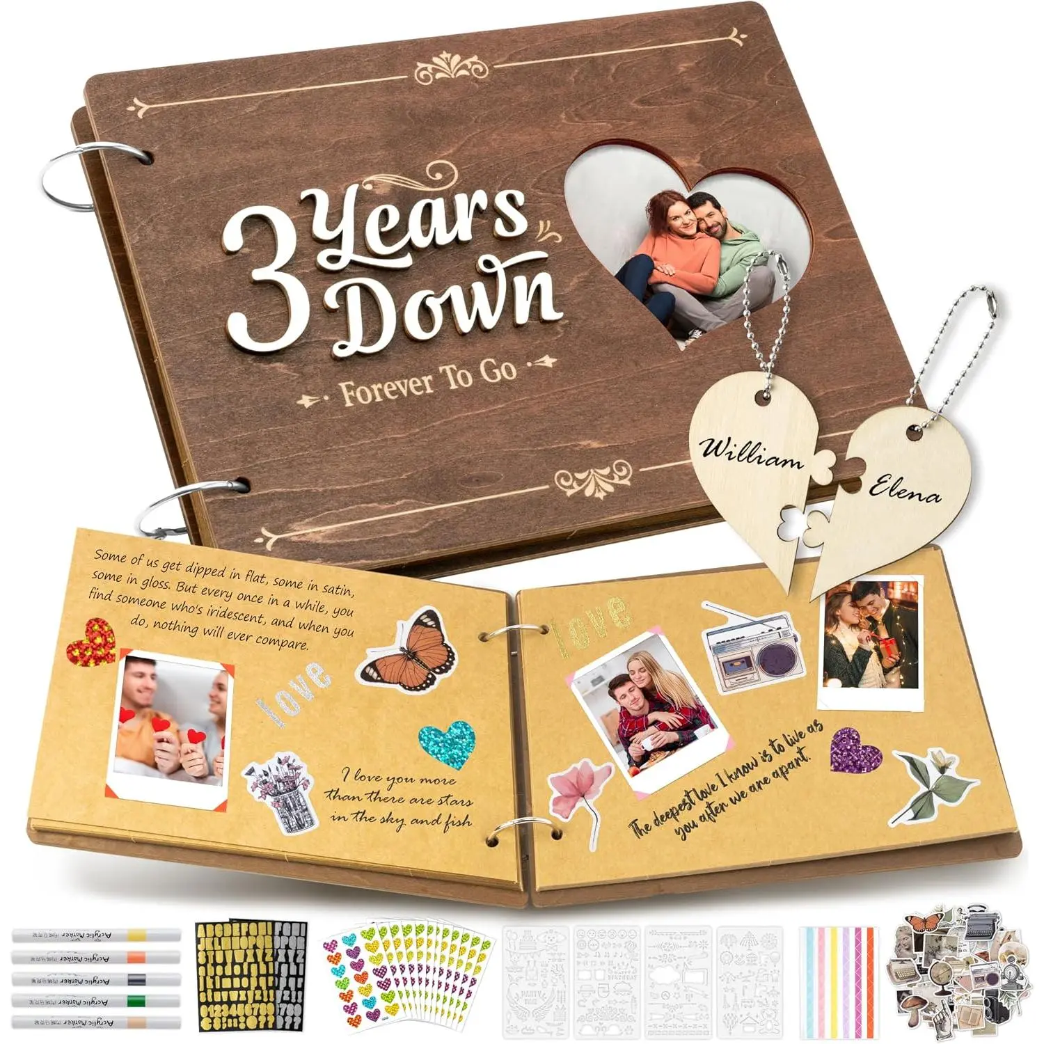3  Anniversary Couple Scrapbook - 111 count 3  Down Wooden Photo Album Scrapbook Craft Kit with Heart Puzzle Brown Paper Sticker and Template for DIY Dating  for Him Her