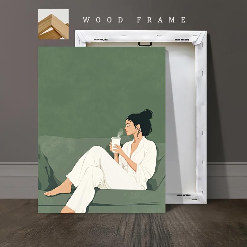 2D Flat, 1pc of 2D High-definition Printed Framed Canvas Art and Poster Featuring A Woman in a White Robe Sitting on a Striped Sofa Suitable As Decorative Art for Living Room Bedroom And Bathroom. Photo Ornaments